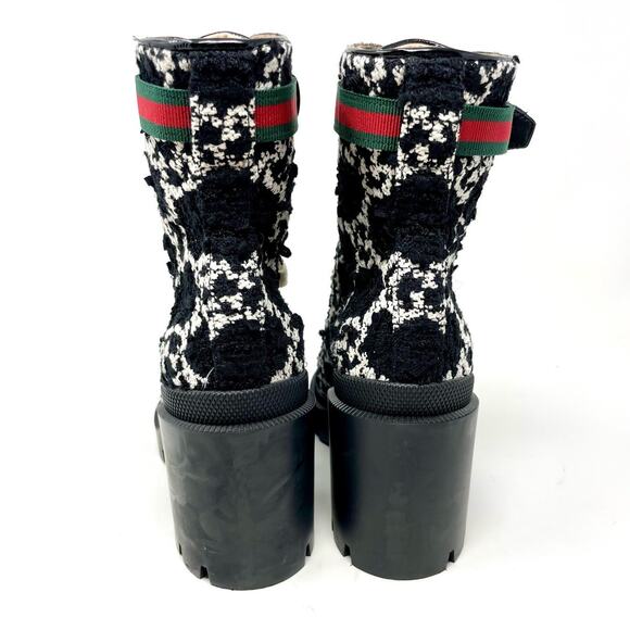 Gucci GG Monogram Web Tweed Combat Lace Up Ankle Boots Black White EU 36.5 - Picture 4 of 13